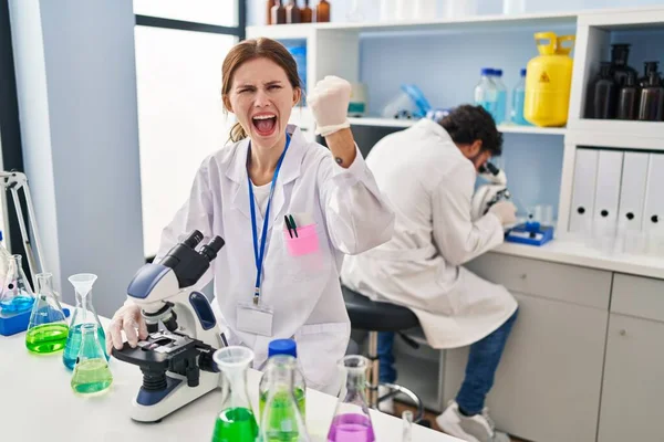 Young Two People Working Scientist Laboratory Annoyed Frustrated Shouting Anger — Stockfoto