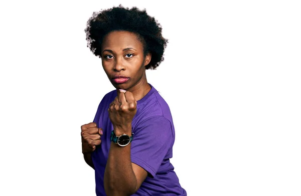 African American Woman Afro Hair Wearing Casual Purple Shirt Ready — Stock Fotó
