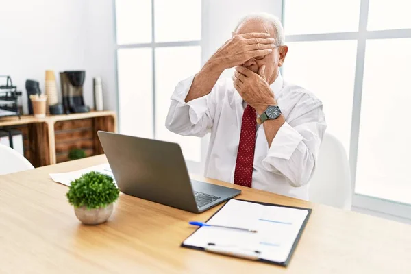 Senior Man Working Office Using Computer Laptop Covering Eyes Mouth — Fotografia de Stock