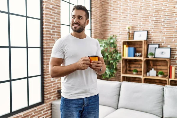 Young Hispanic Man Smiling Confident Drinking Cup Coffee Home — Stock Photo, Image