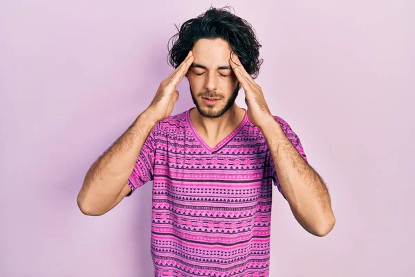 Handsome Hispanic Man Wearing Casual Pink Shirt Hand Head Pain — Stock Photo, Image