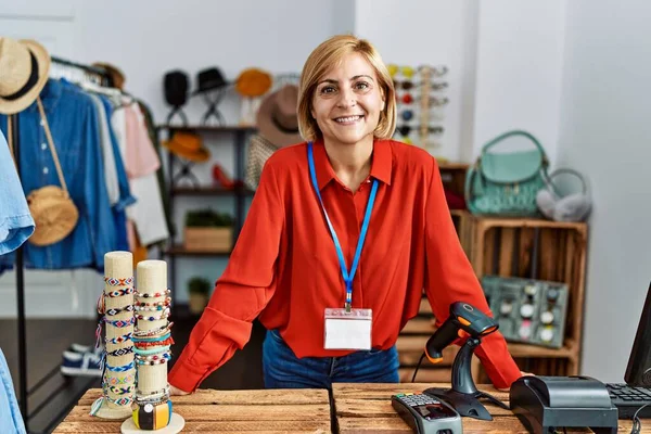 Middle Age Blonde Woman Smiling Confident Working Clothing Store — ストック写真