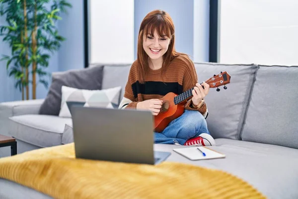 Young Woman Smiling Confident Playing Ukelele Home — ストック写真