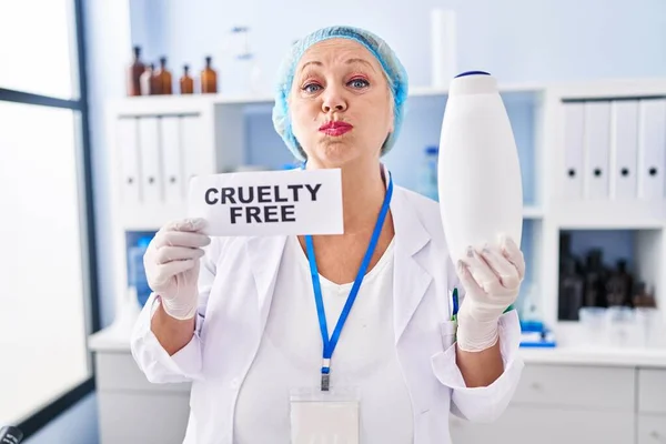 Middle Age Caucasian Woman Working Cruelty Free Laboratory Puffing Cheeks — Fotografia de Stock