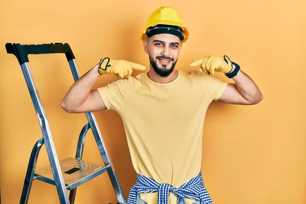 Handsome Man Beard Construction Stairs Wearing Hardhat Smiling Cheerful Showing — 스톡 사진