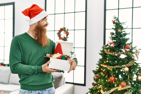 Young Redhead Man Smiling Confident Decorating Christmas Tree Home — Stockfoto