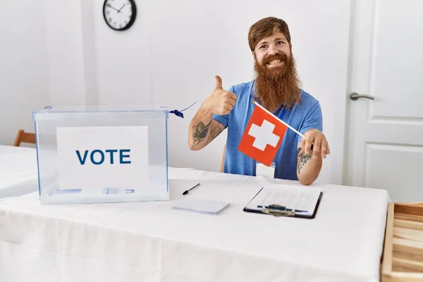 Caucasian Man Long Beard Political Campaign Election Holding Swiss Flag — стоковое фото