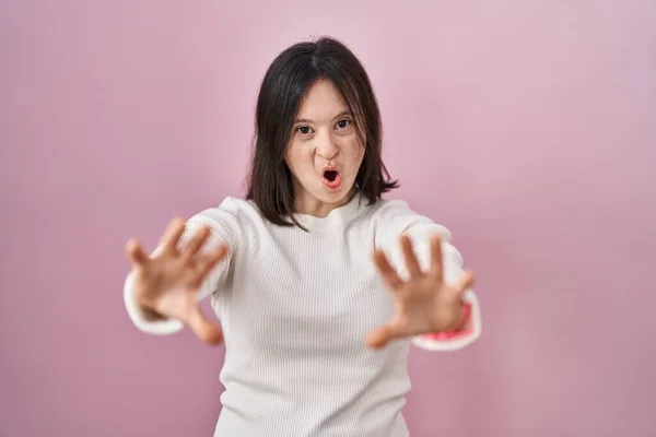 Woman Syndrome Standing Pink Background Doing Stop Gesture Hands Palms — Fotografia de Stock