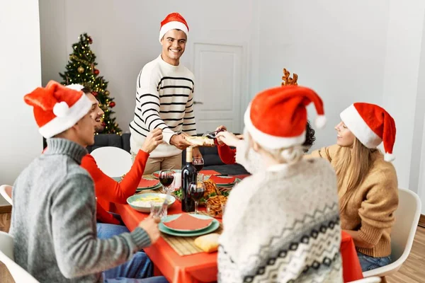 Group Young People Smiling Happy Having Christmas Dinner Home — Stock Photo, Image