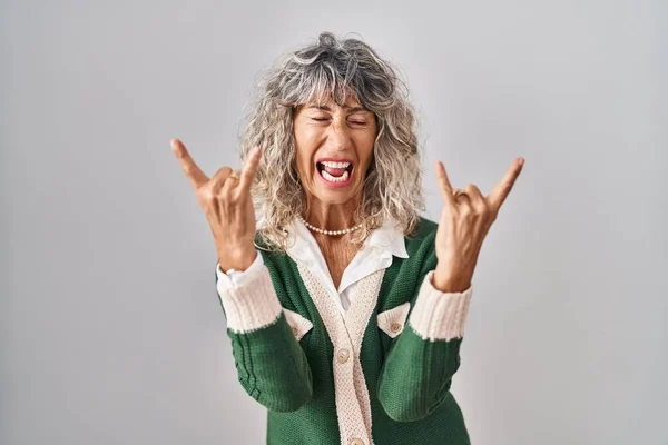 Middle Age Woman Standing White Background Shouting Crazy Expression Doing — Stock Photo, Image