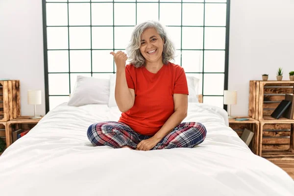 Middle Age Woman Grey Hair Sitting Bed Home Smiling Happy — 스톡 사진