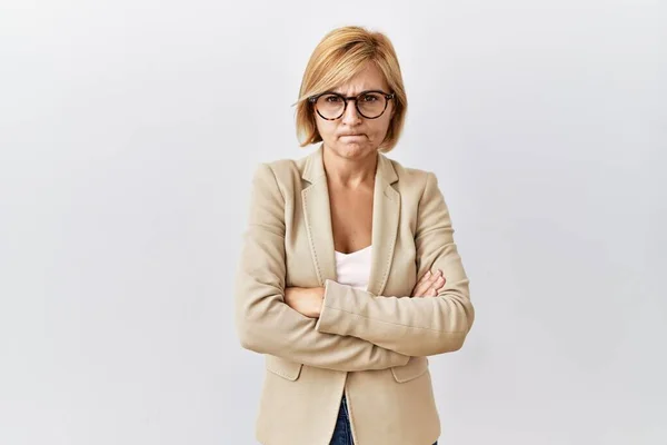 Middle Age Blonde Business Woman Standing Isolated Background Skeptic Nervous — Stockfoto