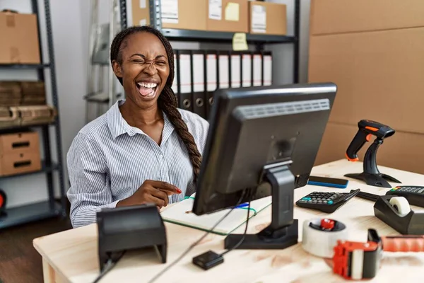 African Woman Working Small Business Ecommerce Sticking Tongue Out Happy — Photo