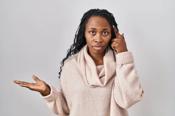 African Woman Standing White Background Confused Annoyed Open Palm Showing — Stock fotografie