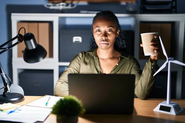 African Woman Working Using Computer Laptop Night Skeptic Nervous Frowning — Photo