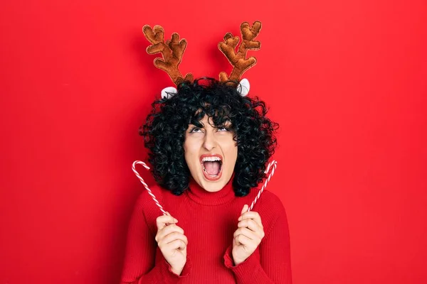 Young Middle East Woman Wearing Cute Christmas Reindeer Horns Angry — Photo