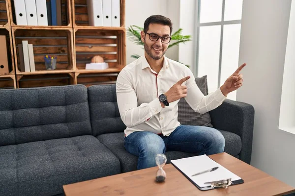 Young Hispanic Man Beard Working Consultation Office Smiling Looking Camera — Fotografia de Stock