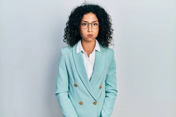 Young Latin Girl Wearing Business Clothes Glasses Puffing Cheeks Funny — Stock fotografie