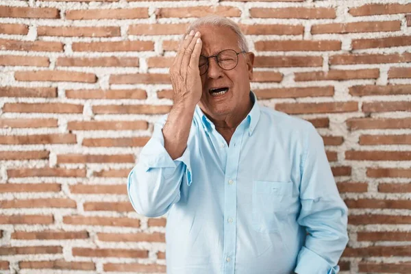 Senior Man Grey Hair Standing Bricks Wall Yawning Tired Covering — Photo