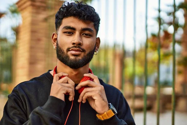 Young Arab Man Smiling Confident Wearing Headphones Street — Foto Stock