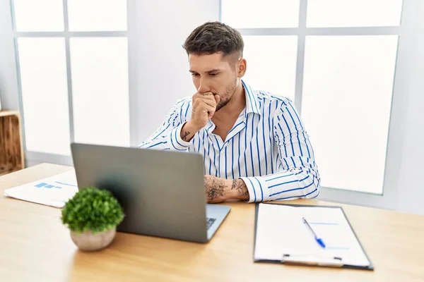 Young Handsome Man Beard Working Office Using Computer Laptop Feeling —  Fotos de Stock