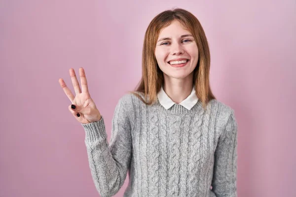 Beautiful Woman Standing Pink Background Showing Pointing Fingers Number Three — Foto de Stock