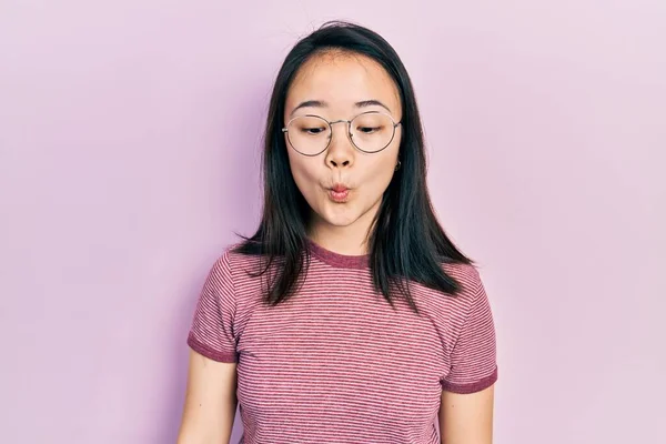 Young Chinese Girl Wearing Casual Clothes Glasses Making Fish Face — Fotografia de Stock