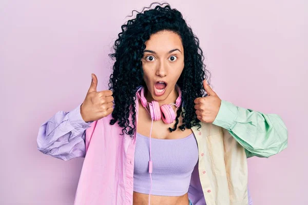 Young Hispanic Woman Curly Hair Doing Thumbs Positive Gesture Afraid — Stock Fotó