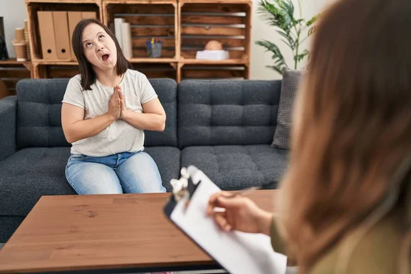 Hispanic Girl Syndrome Doing Therapy Begging Praying Hands Together Hope — Zdjęcie stockowe