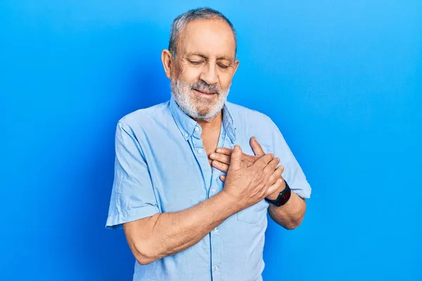 Handsome Senior Man Beard Wearing Casual Blue Shirt Smiling Hands — Photo