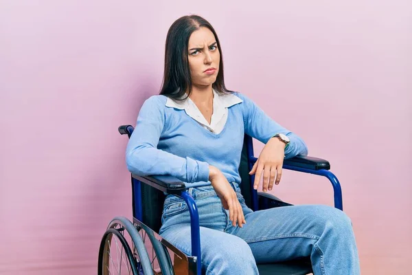 Beautiful Woman Blue Eyes Sitting Wheelchair Skeptic Nervous Frowning Upset — Foto Stock