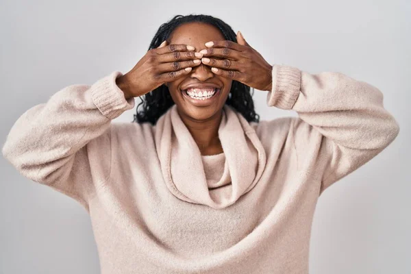 African Woman Standing White Background Covering Eyes Hands Smiling Cheerful — Foto Stock