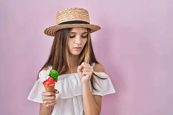 Teenager Girl Holding Ice Cream Feeling Unwell Coughing Symptom Cold — Stockfoto