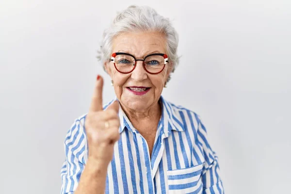 Donna Anziana Con Capelli Grigi Piedi Sfondo Bianco Mostrando Puntando — Foto Stock