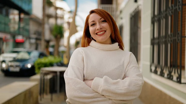 Young Redhead Woman Smiling Confident Standing Arms Crossed Gesture Street — 스톡 사진