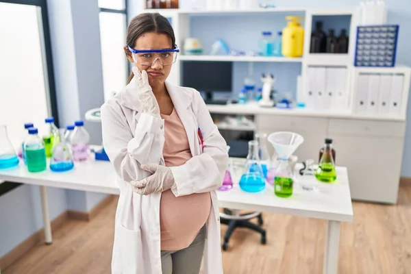 Young Pregnant Woman Working Scientist Laboratory Thinking Looking Tired Bored — Stock Photo, Image