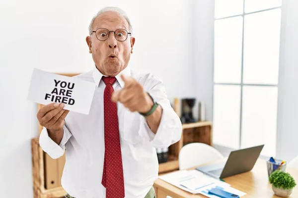 Senior Business Man Holding You Fired Banner Office Pointing Finger — Fotografia de Stock