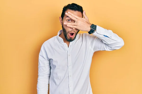 Hispanic Man Beard Wearing Business Shirt Peeking Shock Covering Face — Fotografia de Stock
