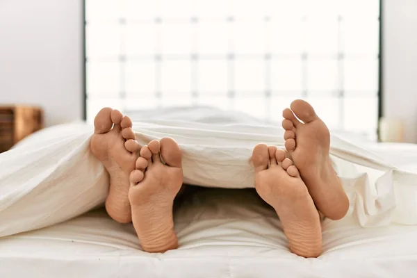Two Hispanic Men Couple Lying Bed Bedroom — Stock Photo, Image