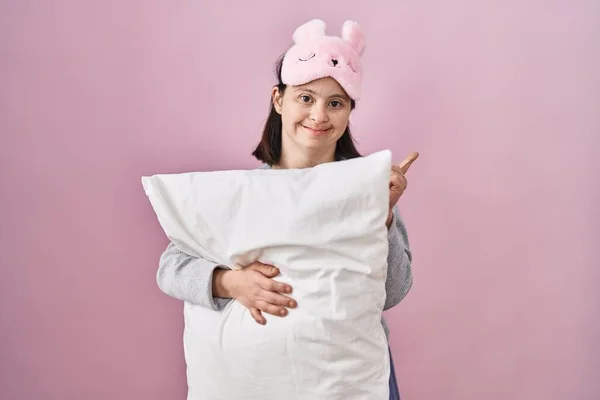 Woman Syndrome Wearing Sleeping Mask Hugging Pillow Big Smile Face —  Fotos de Stock