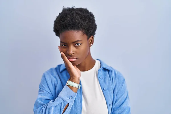 African American Woman Standing Blue Background Thinking Looking Tired Bored — Stockfoto