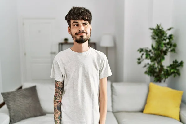 Hispanic Man Beard Living Room Home Smiling Looking Side Staring — Stok Foto