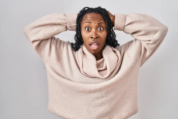 African Woman Standing White Background Crazy Scared Hands Head Afraid — Stock fotografie