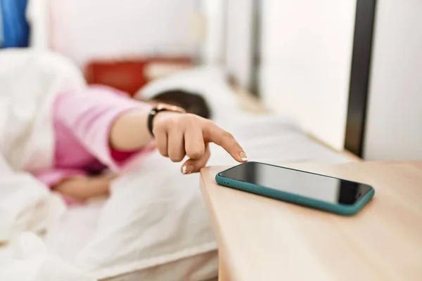 Girl Turning Smartphone Alarm Lying Bed Bedroom — Fotografia de Stock