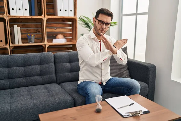 Young Hispanic Man Beard Working Consultation Office Rejection Expression Crossing — Foto de Stock