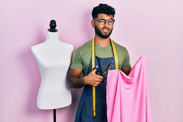 Arab Man Beard Dressmaker Designer Holding Scissors Cloth Winking Looking — Foto de Stock