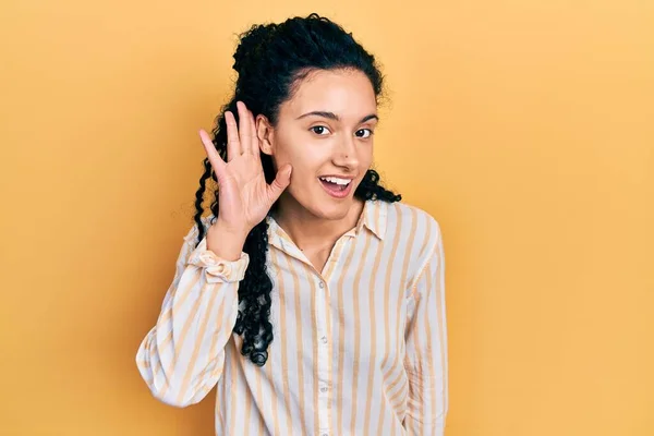 Young Hispanic Woman Curly Hair Wearing Casual Striped Shirt Smiling — Φωτογραφία Αρχείου