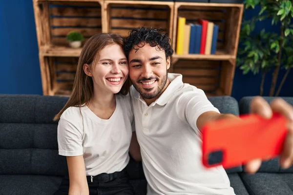 Man Woman Hugging Each Other Make Selfie Smartphone Home — стоковое фото