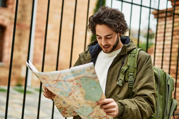 Handsome Hispanic Man Looking Travel Map City — Stock Photo, Image