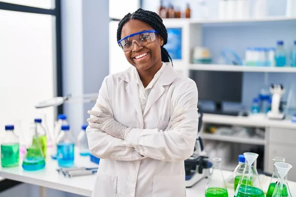 African American Woman Working Scientist Laboratory Happy Face Smiling Crossed — Fotografia de Stock